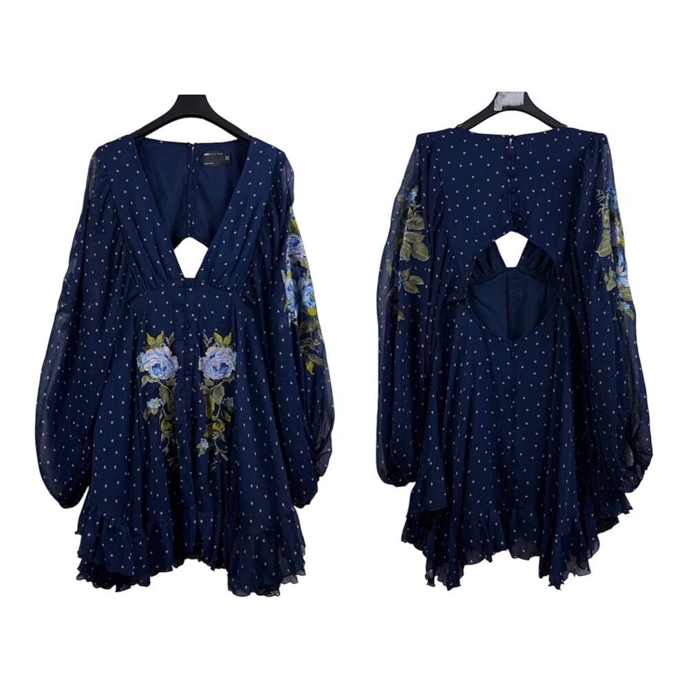 ASOS Design Navy Polka Dot Floral Embroidery Balloon Sleeve Babydoll Dress SZ 8